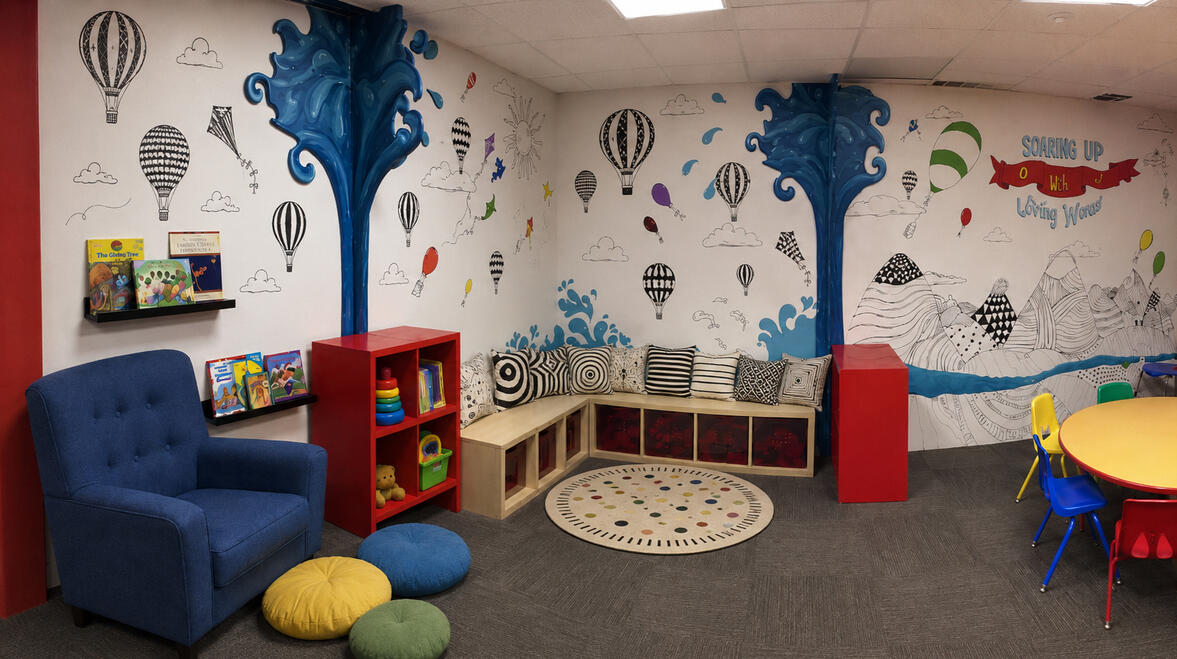 THEMATIC — Church classroom, 'Living Springs', brings an imaginative theme to life through immersive wall murals and playful structural elements. The space balances high-energy storytelling with functional, cozy zones that invite young minds to explore &
