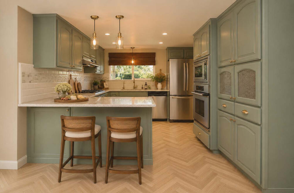 FLIP TO UPSELL— A well-planned kitchen was refreshed with strategic, high-impact updates designed to add value without a full remodel. Updated paint colors, countertops, tile, and finishing accents created a more current and inviting look.