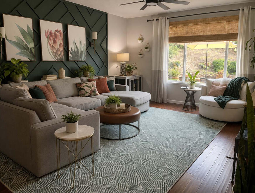 WARM ORGANIC LIVING— A study in bringing the outdoors in through color, texture, and atmosphere. The paneled feature wall grounds the expansive open-concept space, creating a strong focal point while giving the room a greater sense of purpose and definiti