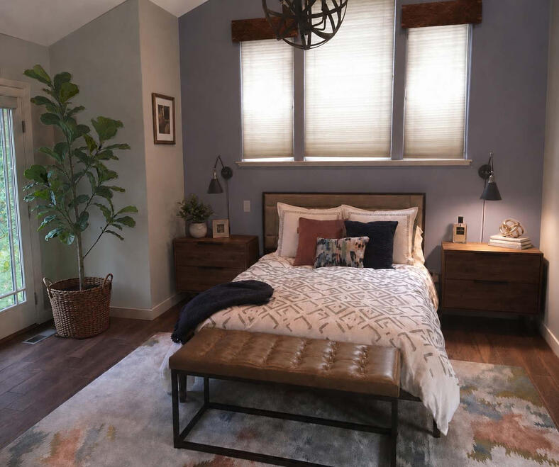 WARM INDUSTRIAL RUSTIC— Inspired by mid-century modern design, this space balances feminine softness with masculine structure. Warm industrial neutrals, earthy tones, textured metals, and clean architectural lines blend with modern rustic influences.