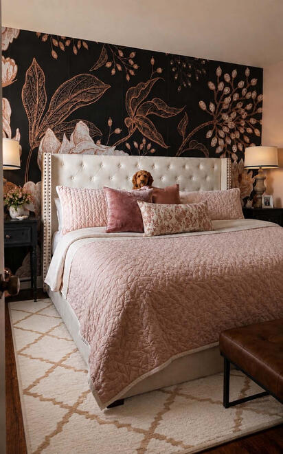 MOODY ROMATIC — A sophisticated blend of feminine textures (velvets, quilted silks, soft blush) grounded by masculine, dramatic backdrops.