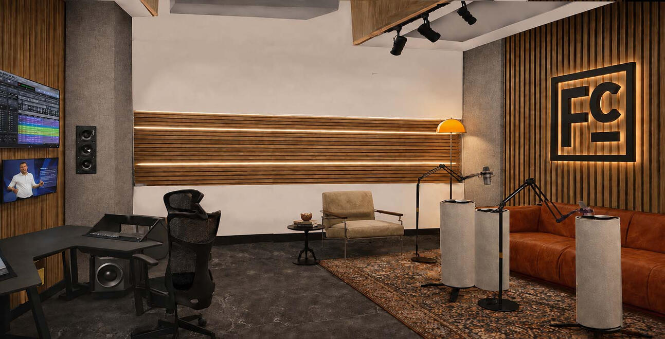 IN PROGRESS | MEDIA STUDIO — A sneak peek at a high-tech media and studio currently underway. Architectural wood slats, moody industrial finishes, and warm lighting to create a sophisticated, acoustically optimized sanctuary for content creators.