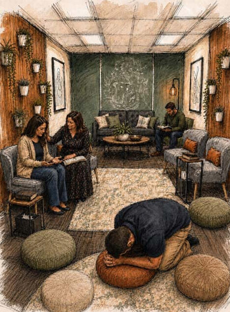 CONCEPT OF PRAYER ROOM — An initial concept rendering designed to illustrate a strategy for a corporate prayer and reflection room. The goal was to establish sense of intimacy and calm by focusing on natural textures and colors.