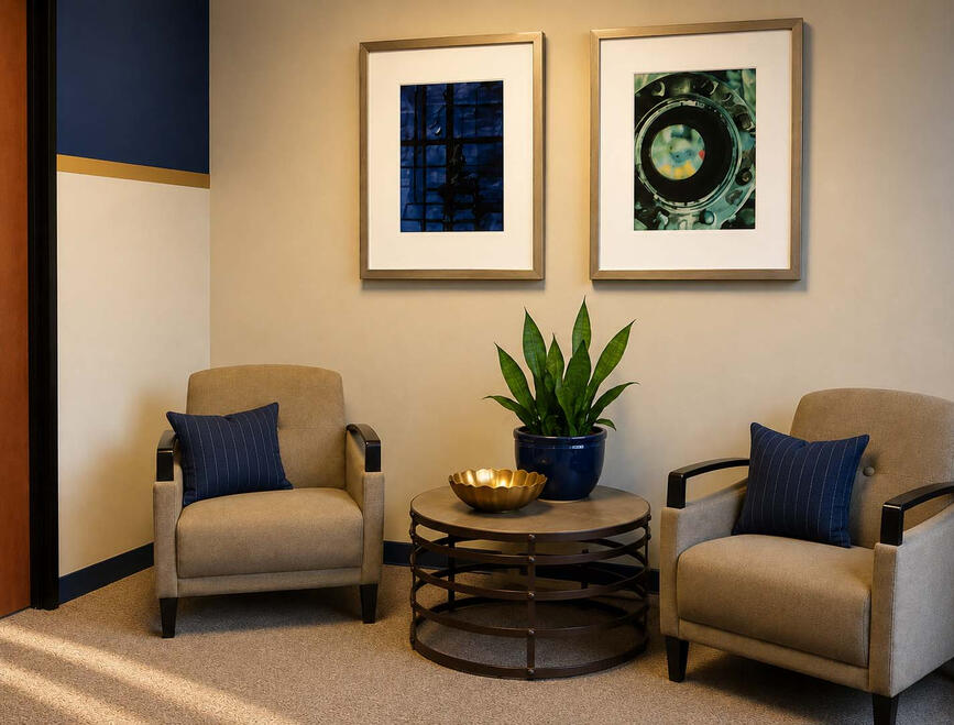 ADJOINING BREAKOUT SPACE— Featuring a tailored mix of industrial textures and corporate branding colors. Sleek riveted-metal details and industiral art installations ground the seating niche professionally while welcoming small breakout meetings