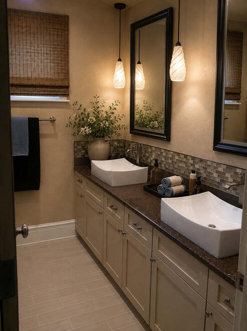 AFFORABLE LUXURY— A calm, spa-like aesthetic that uses warm desert neutrals, organic textures, and clean architectural lines to create an inviting atmosphere.