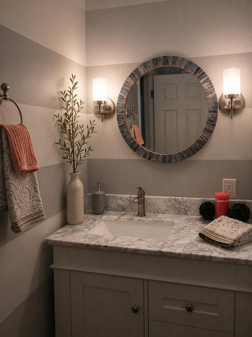 Use of paint and materials to change the scale and lighten a tiny powder room